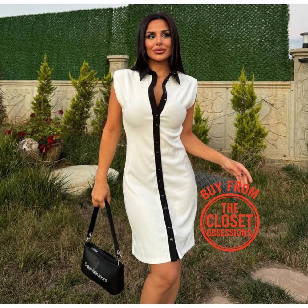ZARA White Black Contrast Trim Mini Dress NWT Sleeveless Collared Shift Dress L - Picture 8 of 14